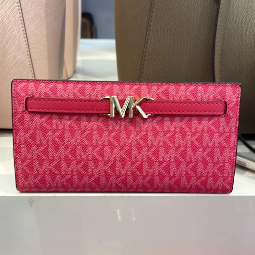 MICHAEL KORS Reed Large Snap Signature Wallet Electric Pink NWT